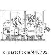 Poster, Art Print Of Cartoon Black And White Outline Design Of A Team Of Hockey Players Behind Bars