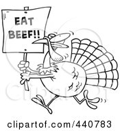 Poster, Art Print Of Cartoon Black And White Outline Design Of A Turkey With An Eat Beef Sign