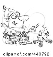 Cartoon Black And White Outline Design Of A Cowboy Baking Beans Over A Camp Fire