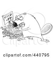 Poster, Art Print Of Cartoon Black And White Outline Design Of A Defensive Beaver Guarding His Stick Pile