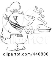 Poster, Art Print Of Cartoon Black And White Outline Design Of A Bear Chef Holding A Frying Pan