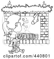 Poster, Art Print Of Cartoon Black And White Outline Design Of A Christmas Girl Waiting For Santa At The Fire Place