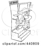 Poster, Art Print Of Cartoon Black And White Outline Design Of A School Boy Running Out The Door