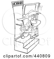 Royalty Free RF Clip Art Illustration Of A Cartoon Black And White Outline Design Of A School Boy Running Out The Door