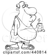 Royalty Free RF Clip Art Illustration Of A Cartoon Black And White Outline Design Of A Man With A Beer Belly And Canned Beverage