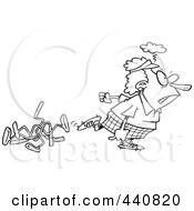Poster, Art Print Of Cartoon Black And White Outline Design Of A Mad Female Golfer Walking Away From Bent Clubs