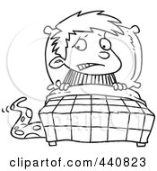 Poster, Art Print Of Cartoon Black And White Outline Design Of A Scared Boy Seeing A Monster Emerging From Under The Bed