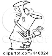 Cartoon Black And White Outline Design Of A Businessman Using A Smart Phone