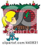 Poster, Art Print Of Cartoon Christmas Girl Waiting For Santa At The Fire Place