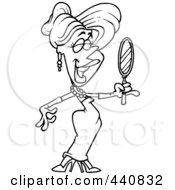 Poster, Art Print Of Cartoon Black And White Outline Design Of A Beautiful Woman Using A Hand Mirror