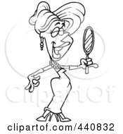 Royalty Free RF Clip Art Illustration Of A Cartoon Black And White Outline Design Of A Beautiful Woman Using A Hand Mirror