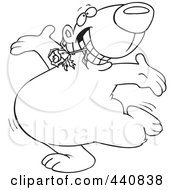 Poster, Art Print Of Cartoon Black And White Outline Design Of A Bear Dancing With A Flower In His Teeth