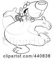 Royalty Free RF Clip Art Illustration Of A Cartoon Black And White Outline Design Of A Bear Dancing With A Flower In His Teeth