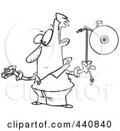 Cartoon Black And White Outline Design Of A Man Waiting To Ring A Bell