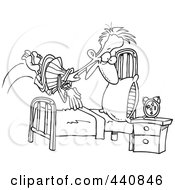 Royalty Free RF Clip Art Illustration Of A Cartoon Black And White Outline Design Of A Man Diving Into Bed by toonaday