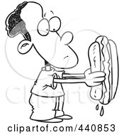Royalty Free RF Clip Art Illustration Of A Cartoon Black And White Outline Design Of A Black Boy Holding A Big Hot Dog