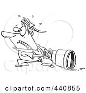 Poster, Art Print Of Cartoon Black And White Outline Design Of A Man Pulling A Big Lens