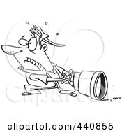 Cartoon Black And White Outline Design Of A Man Pulling A Big Lens