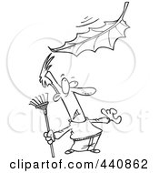 Royalty Free RF Clip Art Illustration Of A Cartoon Black And White Outline Design Of A Raking Man Watching A Big Leaf Fall