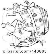 Poster, Art Print Of Cartoon Black And White Outline Design Of Santa Running And Carrying A Large Gift