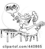 Royalty Free RF Clip Art Illustration Of A Cartoon Black And White Outline Design Of A Woman Shouting Bingo