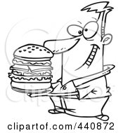 Poster, Art Print Of Cartoon Black And White Outline Design Of A Man Holding A Big Burger