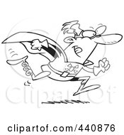 Royalty Free RF Clip Art Illustration Of A Cartoon Black And White Outline Design Of A Running Bionic Super Hero
