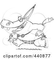 Poster, Art Print Of Cartoon Black And White Outline Design Of A Summer Hippo Running In A Bikini On A Beach