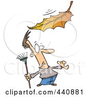Poster, Art Print Of Cartoon Raking Man Watching A Big Leaf Fall