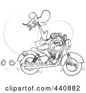 Royalty Free RF Clip Art Illustration Of A Cartoon Black And White Outline Design Of A Biker Laughing On His Motorcycle by toonaday