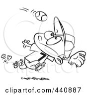 Poster, Art Print Of Cartoon Black And White Outline Design Of A Boy Running To Catch A Baseball