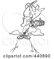 Poster, Art Print Of Cartoon Black And White Outline Design Of A Female Hiker On Top Of A Mountain With Binoculars
