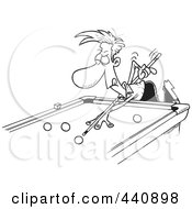 Poster, Art Print Of Cartoon Black And White Outline Design Of A Man Leaning Over A Billiards Table
