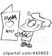 Poster, Art Print Of Cartoon Black And White Outline Design Of A Boy Holding A Mothers Day Card