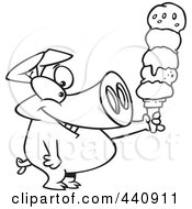 Poster, Art Print Of Cartoon Black And White Outline Design Of A Pig Holding A Big Ice Cream Cone