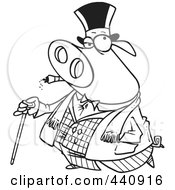 Royalty Free RF Clip Art Illustration Of A Cartoon Black And White Outline Design Of A Pig Smoking A Cigar And Walking With A Cane by toonaday
