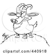 Royalty Free RF Clip Art Illustration Of A Cartoon Black And White Outline Design Of A Billy Goat On A Hill