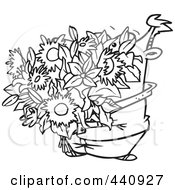 Royalty Free RF Clip Art Illustration Of A Cartoon Black And White Outline Design Of A Romantic Man Carrying A Big Bouquet