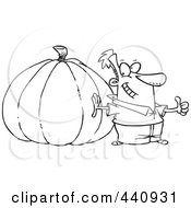 Royalty Free RF Clip Art Illustration Of A Cartoon Black And White Outline Design Of A Man With A Big Pumpkin by toonaday