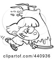 Royalty Free RF Clip Art Illustration Of A Cartoon Black And White Outline Design Of A Girl Carrying A Big Birthday Cake