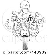 Poster, Art Print Of Cartoon Black And White Outline Design Of A Businessman Biker On His Motorcycle