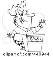 Royalty Free RF Clip Art Illustration Of A Cartoon Black And White Outline Design Of A Woman Calling Bingo Numbers