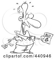 Royalty Free RF Clip Art Illustration Of A Cartoon Black And White Outline Design Of A Shocked Man Holding A Bill by toonaday
