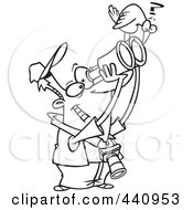Royalty Free RF Clip Art Illustration Of A Cartoon Black And White Outline Design Of A Bird Sitting On A Mans Binoculars