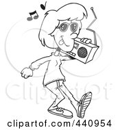 Cartoon Black And White Outline Design Of A Woman Carrying A Boom Box