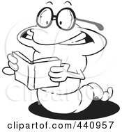 Poster, Art Print Of Cartoon Black And White Outline Design Of A Worm Reading A Book