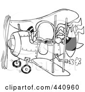 Royalty Free RF Clip Art Illustration Of A Cartoon Black And White Outline Design Of A Pilot Dropping A Bomb