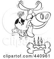 Royalty Free RF Clip Art Illustration Of A Cartoon Black And White Outline Design Of A Birthday Dog With A Bone Cake