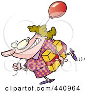 Poster, Art Print Of Cartoon Woman Carrying A Birthday Gift And Balloon