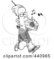 Cartoon Black And White Outline Design Of A Man Carrying A Boom Box